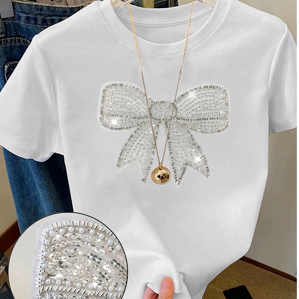 White Sequin Bow Short Sleeve Tee